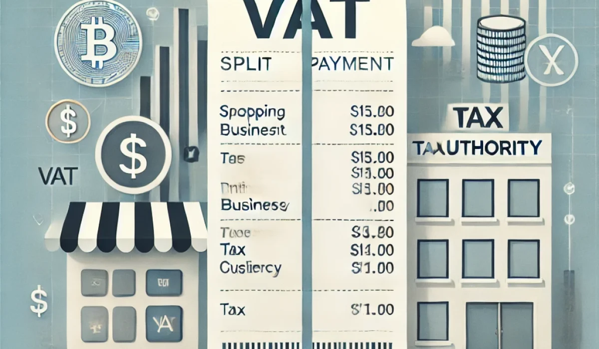 DALL·E 2025-05-13 14.29.02 – A conceptual digital illustration showing the concept of split payment in a modern economy. A large shopping receipt is split down the middle, one hal DALL·E 2025-05-13 14.29.02 - A conceptual digital illustration showing the concept of split payment in a modern economy. A large shopping receipt is split down the middle, one hal