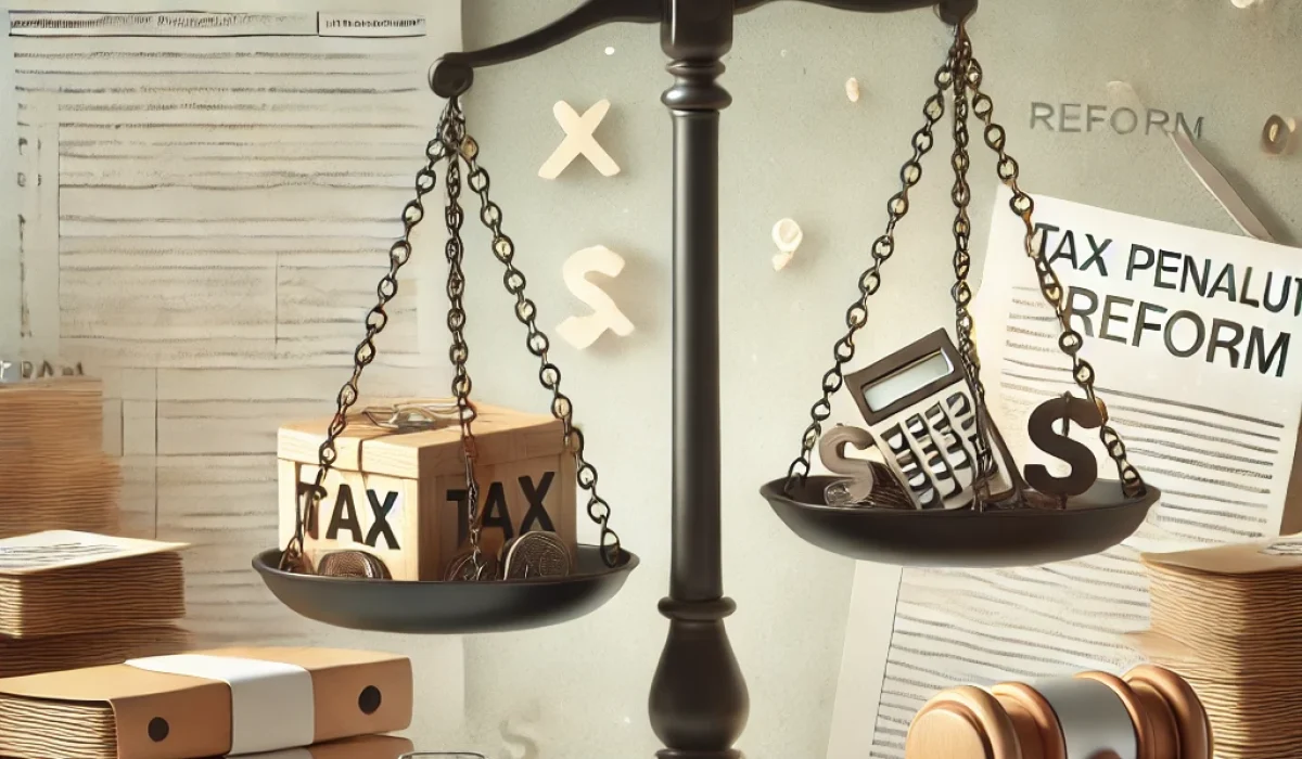 DALL·E 2025-05-13 14.31.20 - A conceptual digital illustration representing tax penalties reform. A courtroom or legal setting with a gavel and scales of justice surrounded by tax
